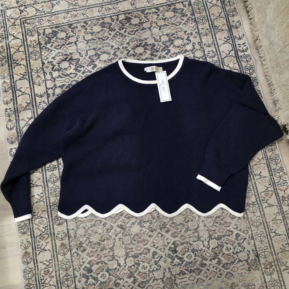 Navy Blue Sweater with White Trim